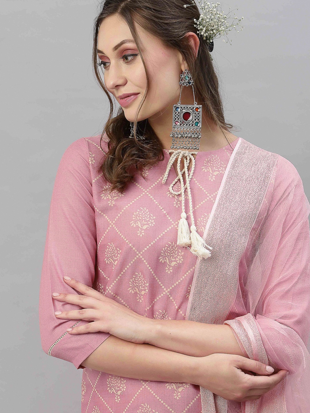 

SKYLEE Women Pink Ethnic Motifs Printed Kurta with Palazzos & With Dupatta