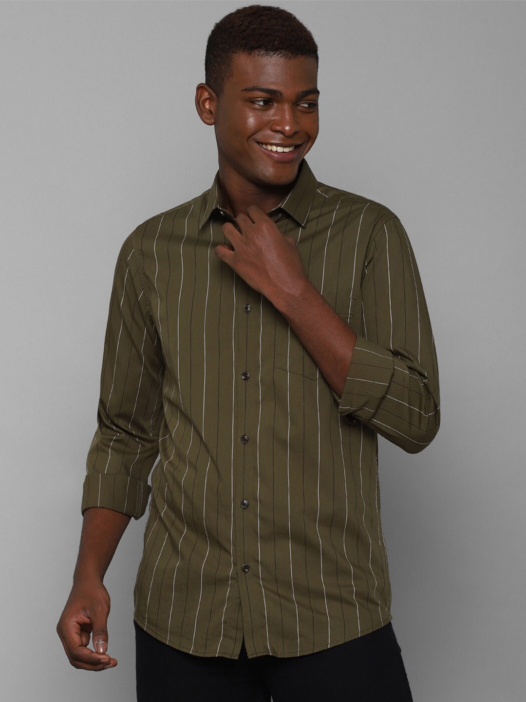 

Allen Solly Men Olive Green Slim Fit Striped Casual Shirt