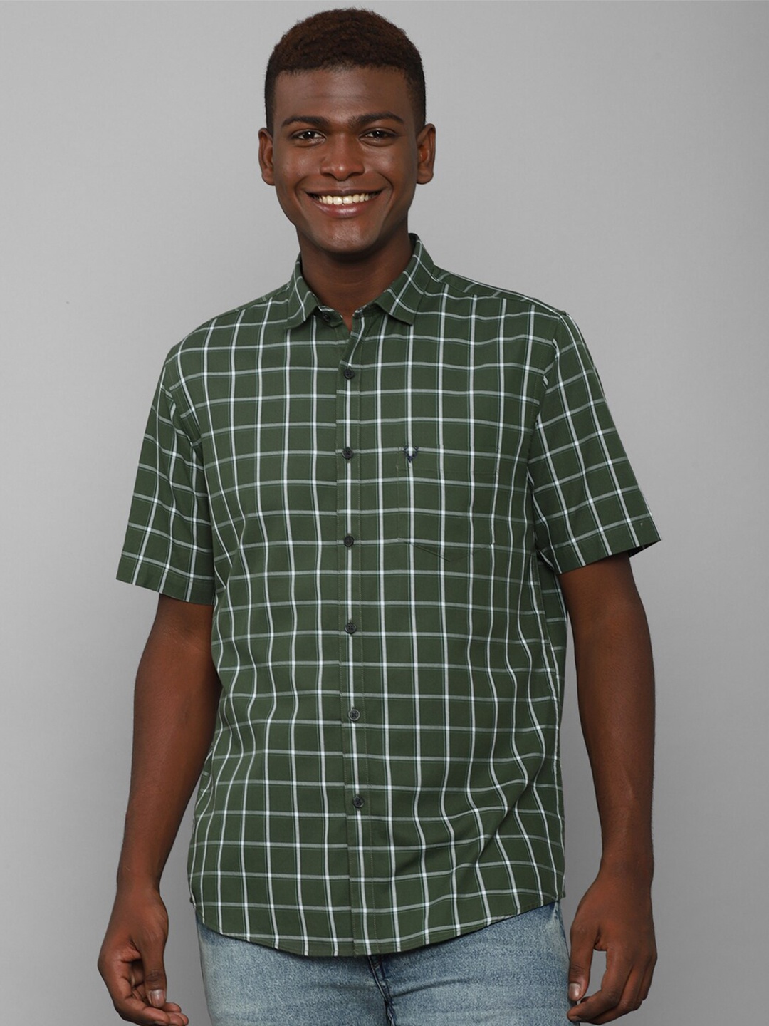 

Allen Solly Men Olive Green Slim Fit Windowpane Checks Checked Casual Shirt