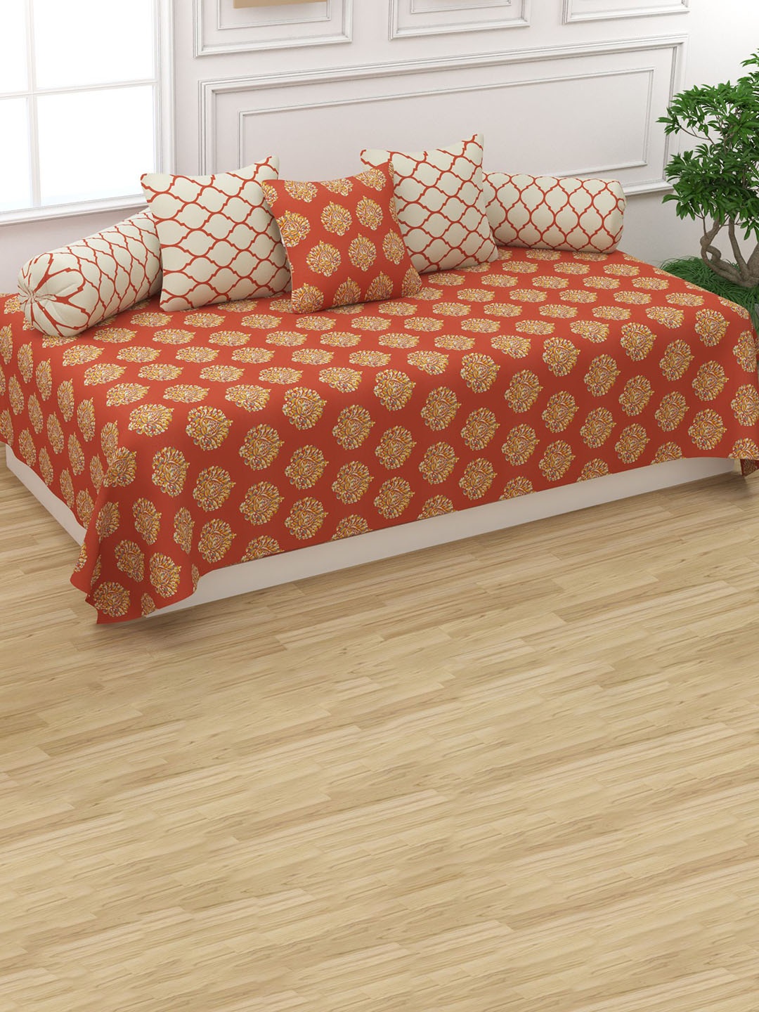 

Trance Home Linen Red & Beige Printed 200 TC Pure Cotton Diwan Set