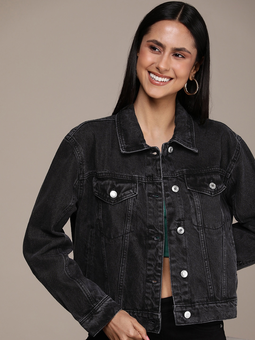 

MANGO Washed Cotton Denim Jacket, Black