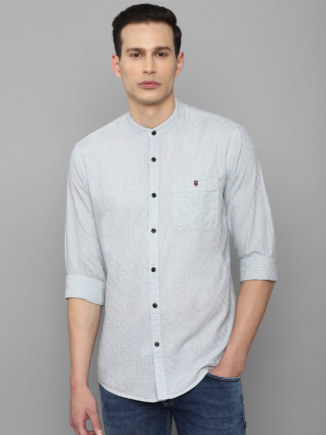 

Louis Philippe Jeans Men Blue Slim Fit Micro Checks Cotton Casual Shirt