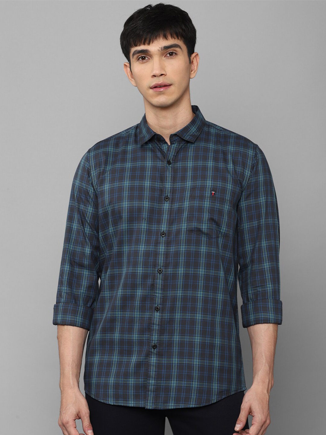 

Louis Philippe Jeans Men Navy Blue Slim Fit Tartan Checks Pure Cotton Casual Shirt