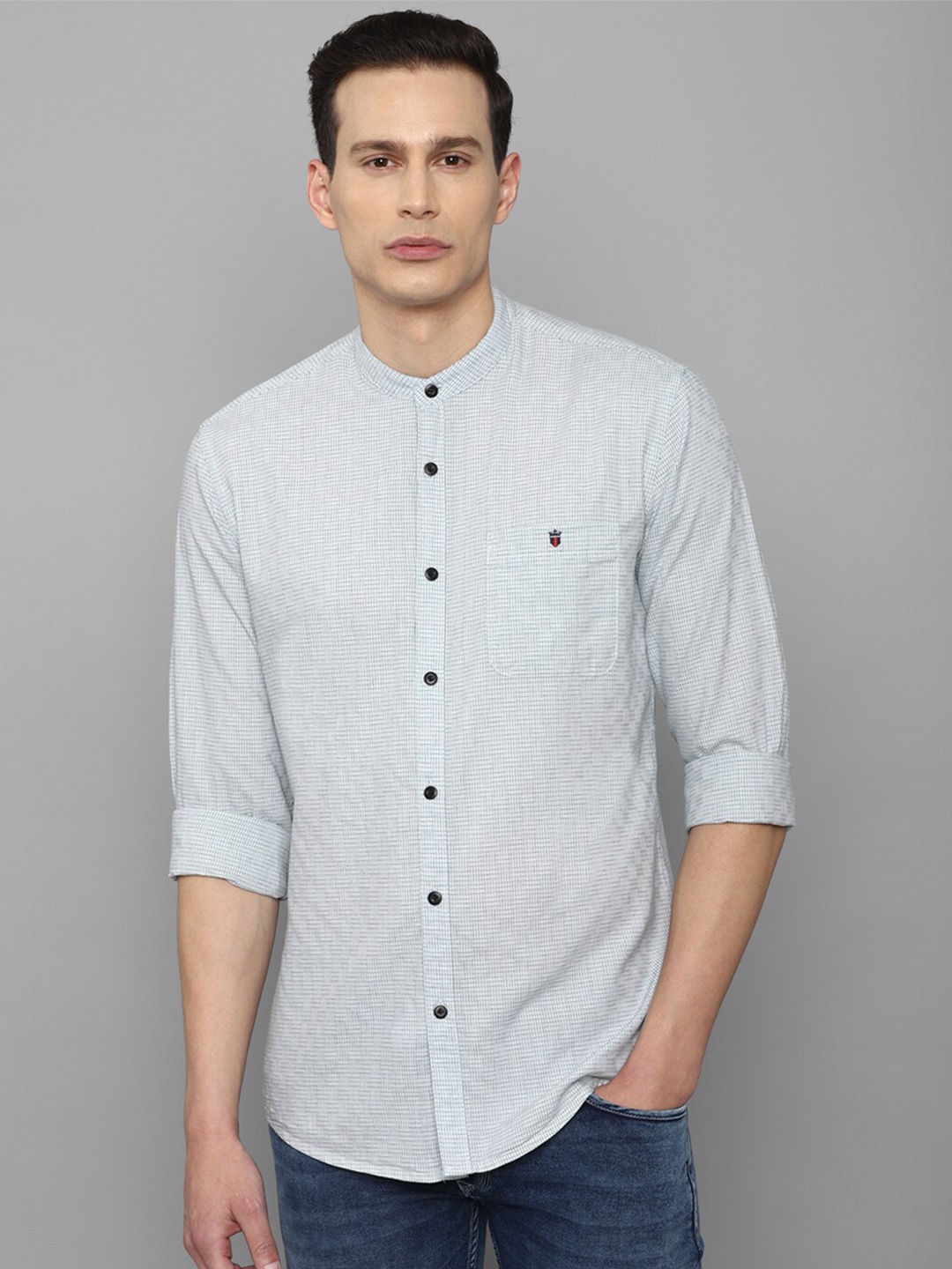 

Louis Philippe Jeans Men Blue Slim Fit Micro Checks Checked Casual Shirt