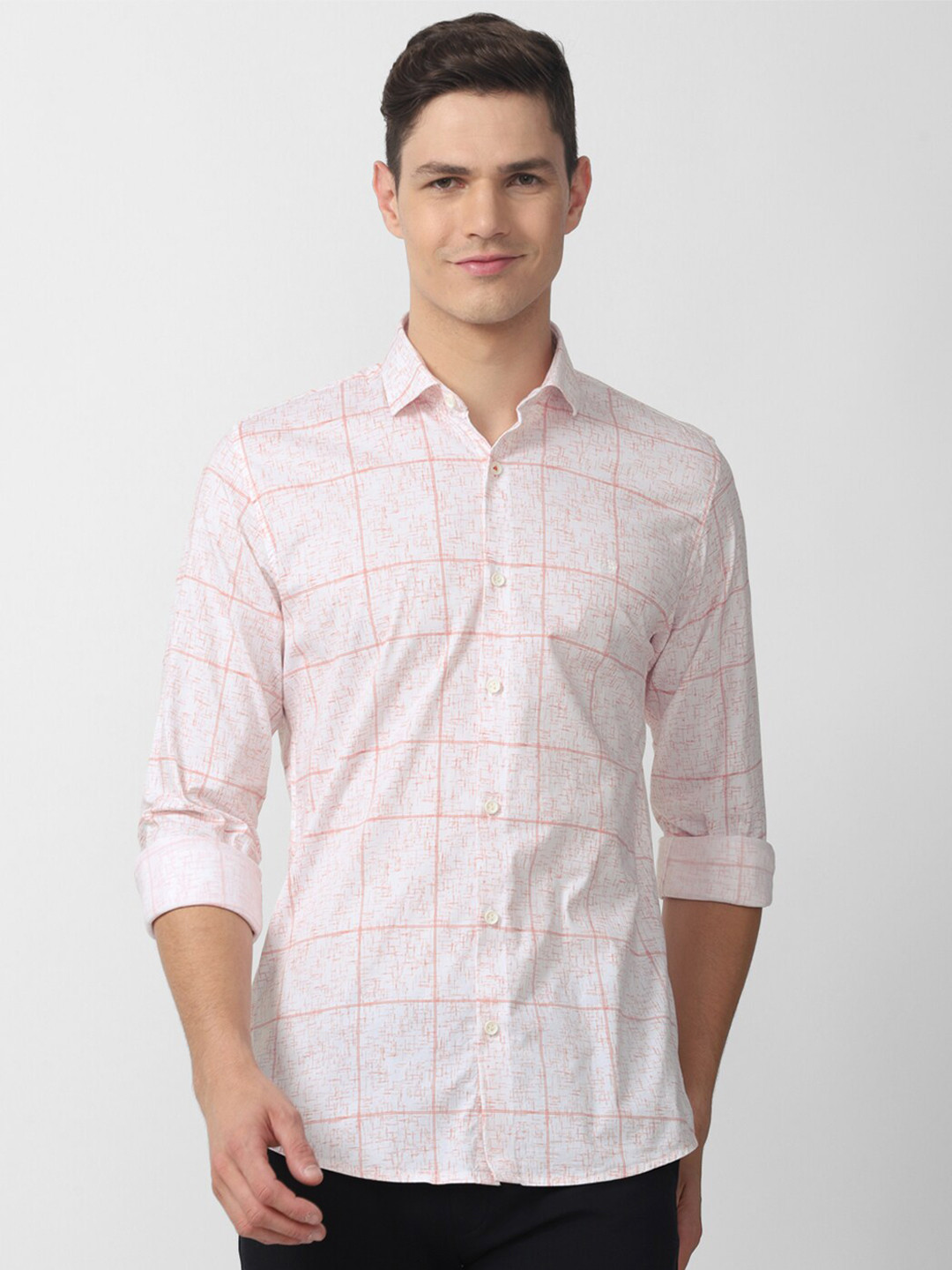 

Peter England Casuals Men White Windowpane Checked Cotton Slim Fit Casual Shirt