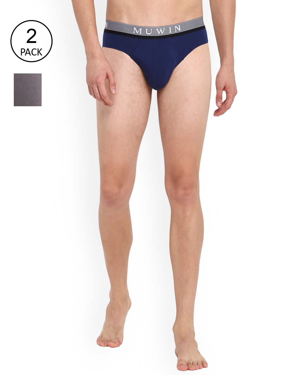 

MUWIN Men Pack Of 2 Grey & Blue Solid Basic Briefs