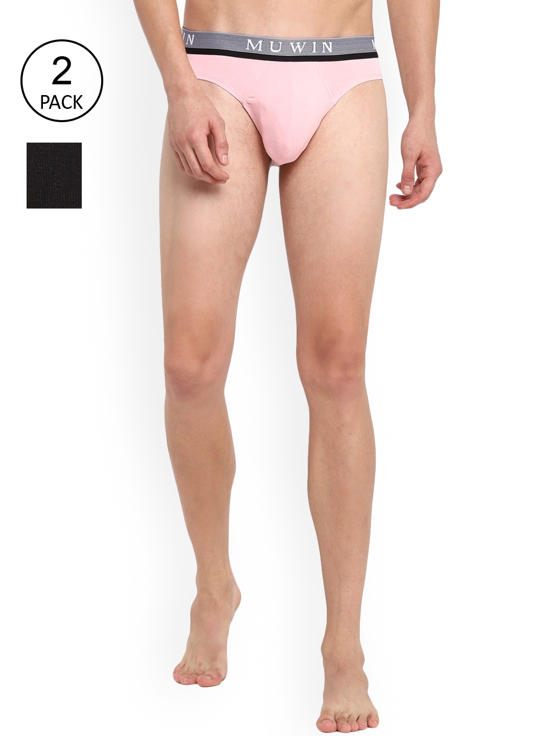 

MUWIN Men Pack Of 2 Striped Basic Briefs, Black