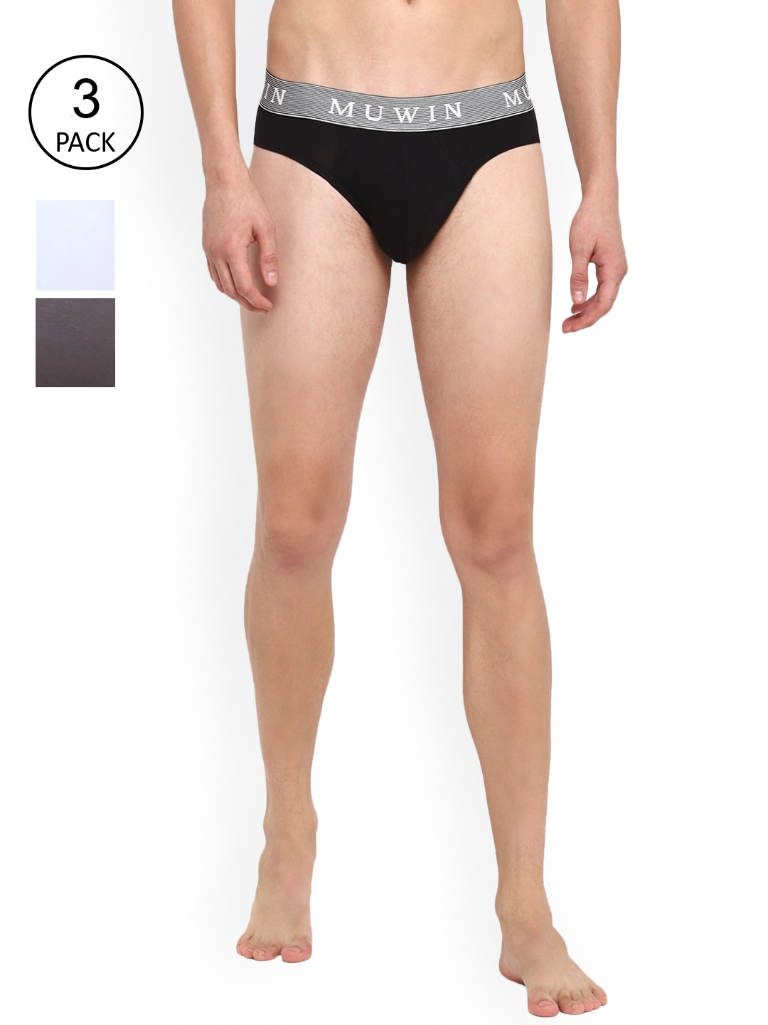 

MUWIN Men Pack Of 3 White & Black Striped Basic Briefs