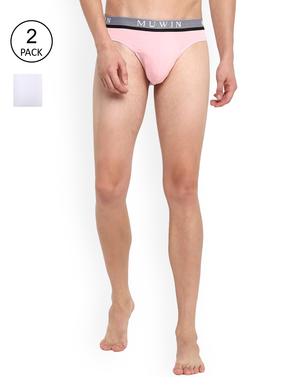

MUWIN Men Pack Of 2 White & Pink Solid Basic Briefs