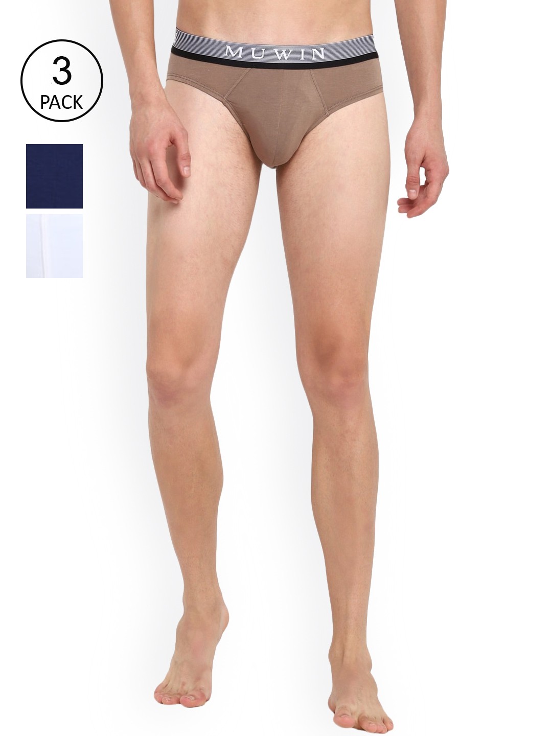 

MUWIN Men Pack Of 3 Blue White Brown Assorted Basic Briefs, Black