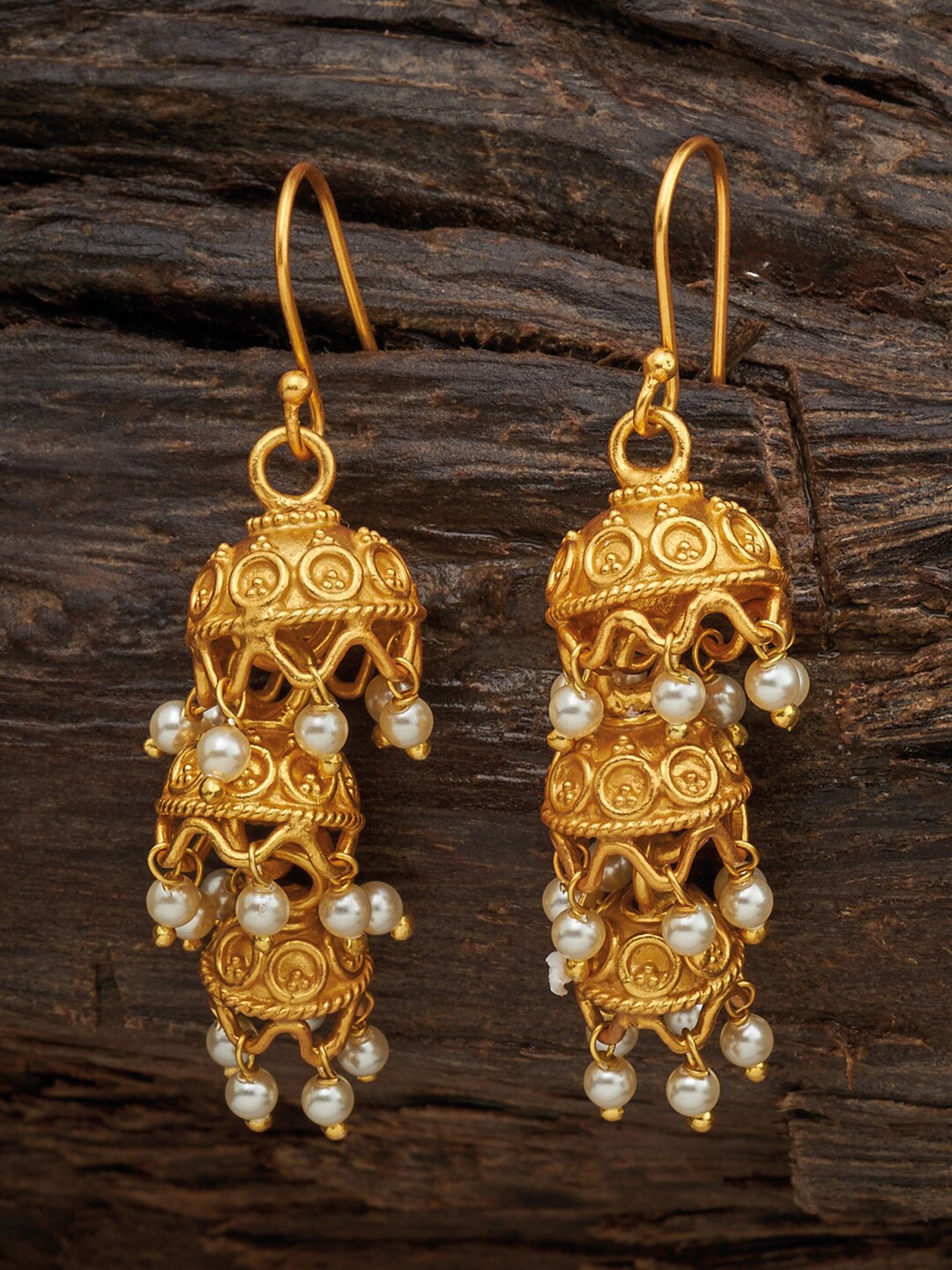 

Kushal's Fashion Jewellery Gold-Toned & White Classic Jhumkas Earrings