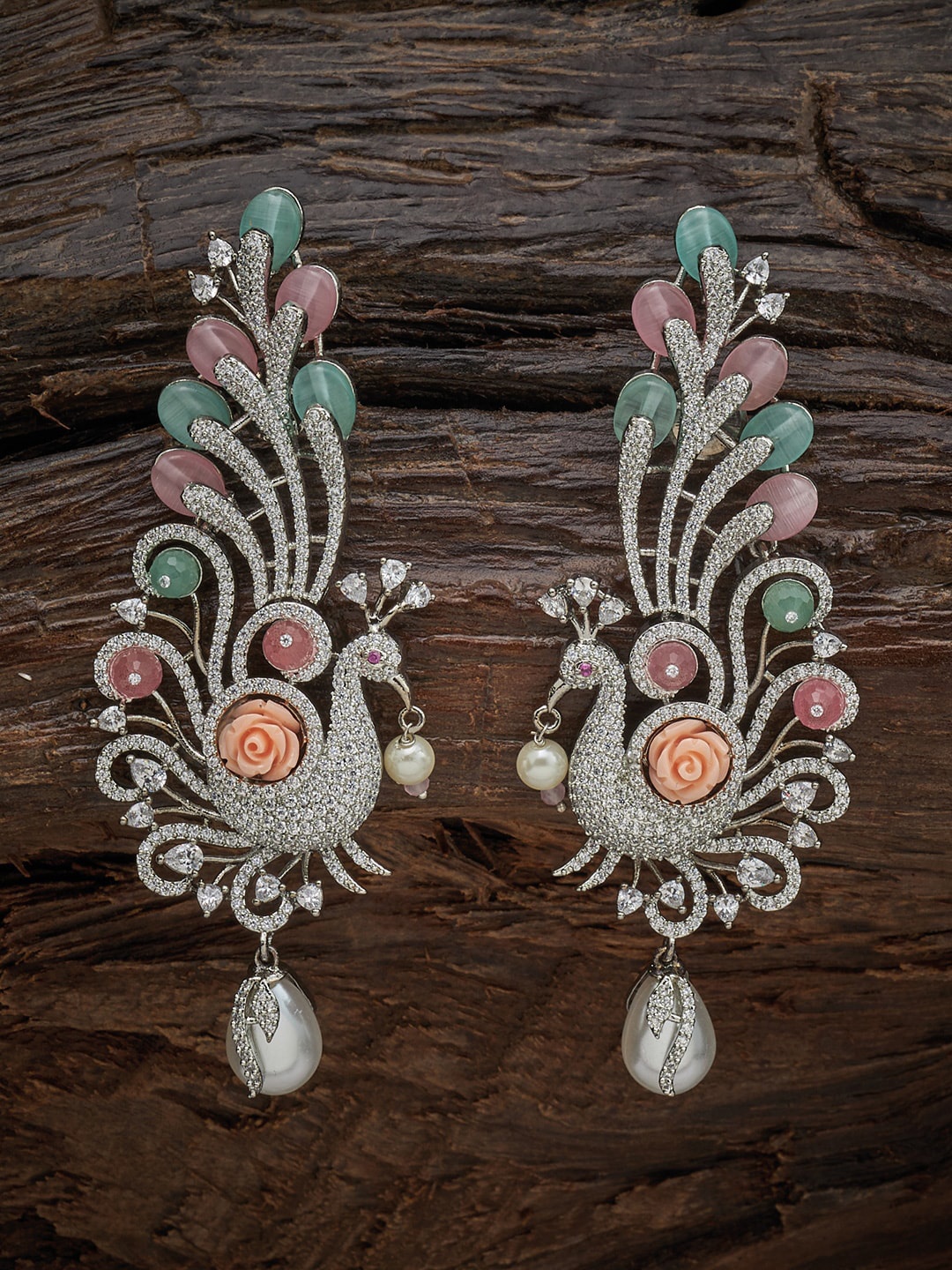 

Kushal's Fashion Jewellery Pink & Sea Green CZ Studded Peacock Shaped Drop Earrings