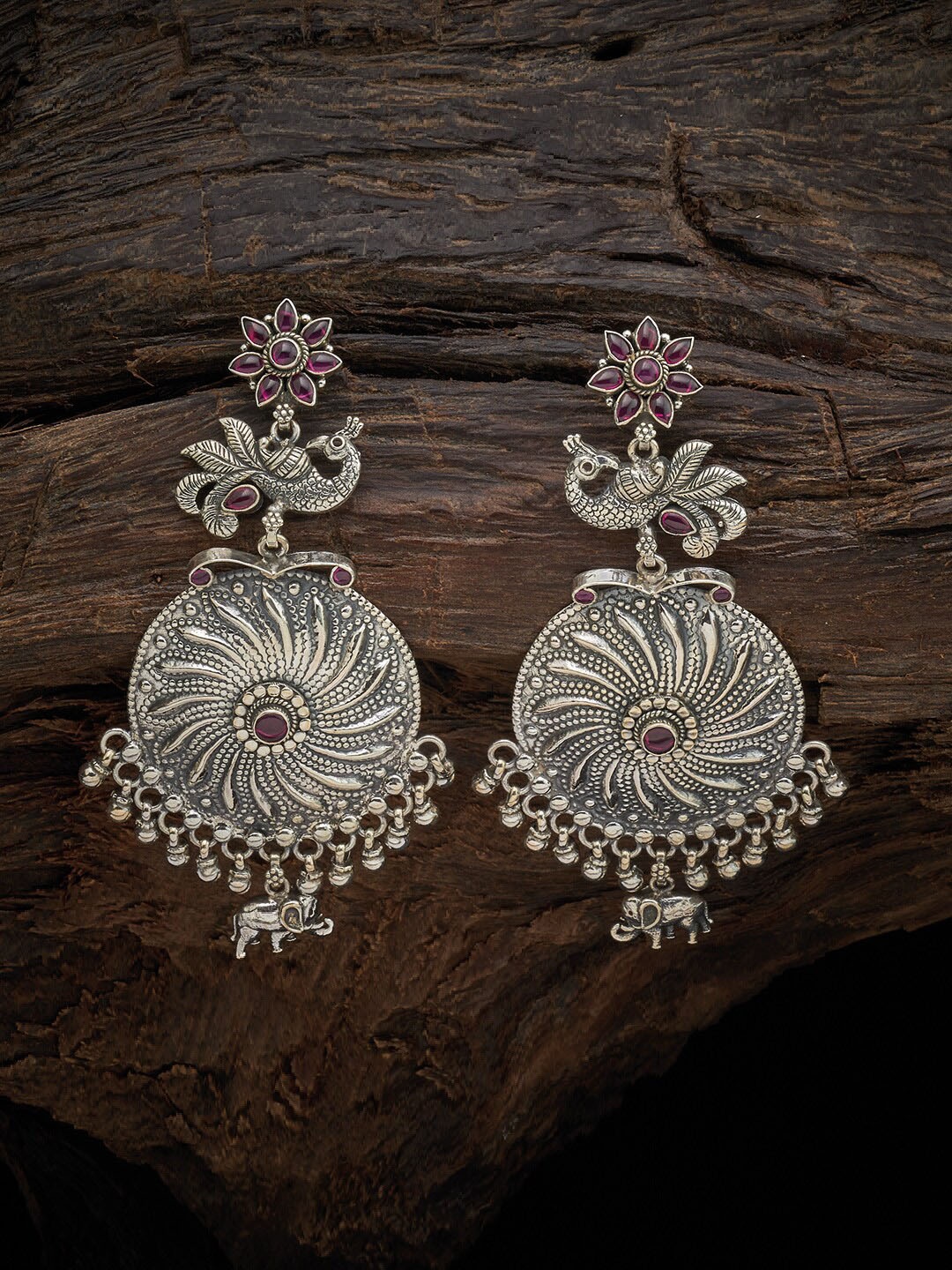 

Kushal's Fashion Jewellery 92.5 Silver-Toned & Maroon Peacock Shaped Drop Earrings