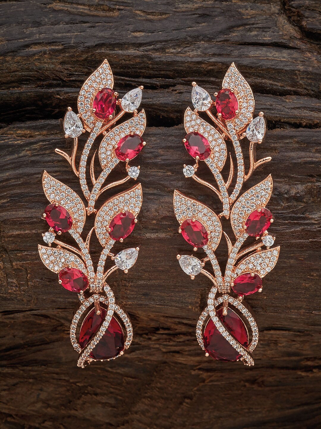 

Kushal's Fashion Jewellery Red & Rose Gold Plated Leaf Shaped Drop Earrings