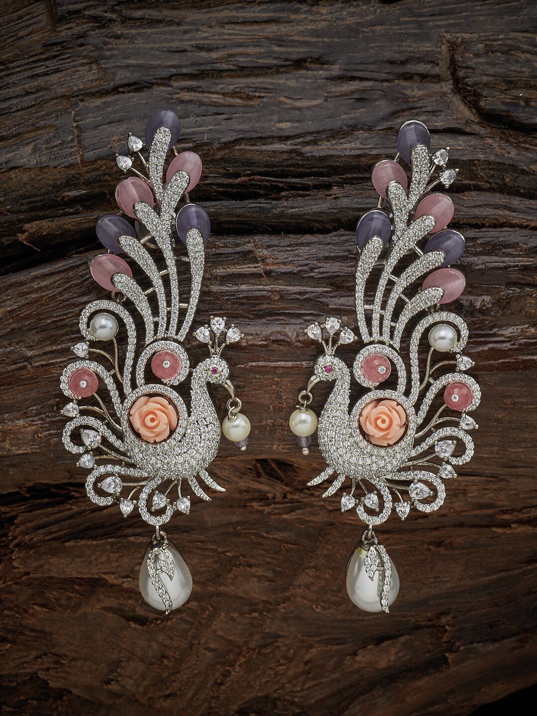 

Kushal's Fashion Jewellery Rhodium-Plated & Pink Peacock Shaped Drop Earrings, Silver