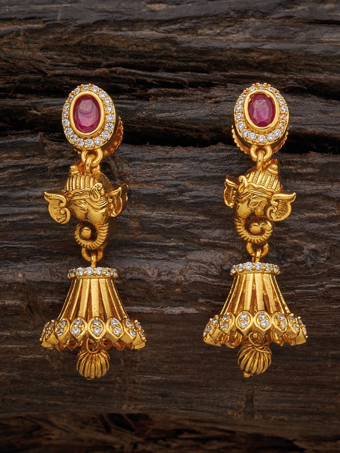 

Kushal's Fashion Jewellery Gold-Toned & Red Ruby Studded Jhumkas Earrings