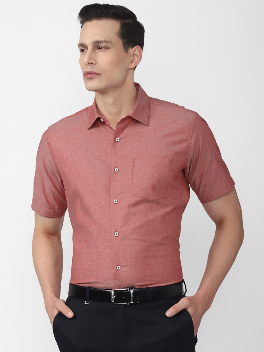 

Van Heusen Men Peach-Coloured Solid Cotton Casual Shirt