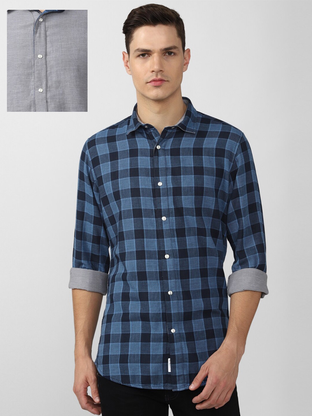 

VAN HEUSEN DENIM LABS Men Blue Slim Fit Buffalo Checks Checked Casual Shirt