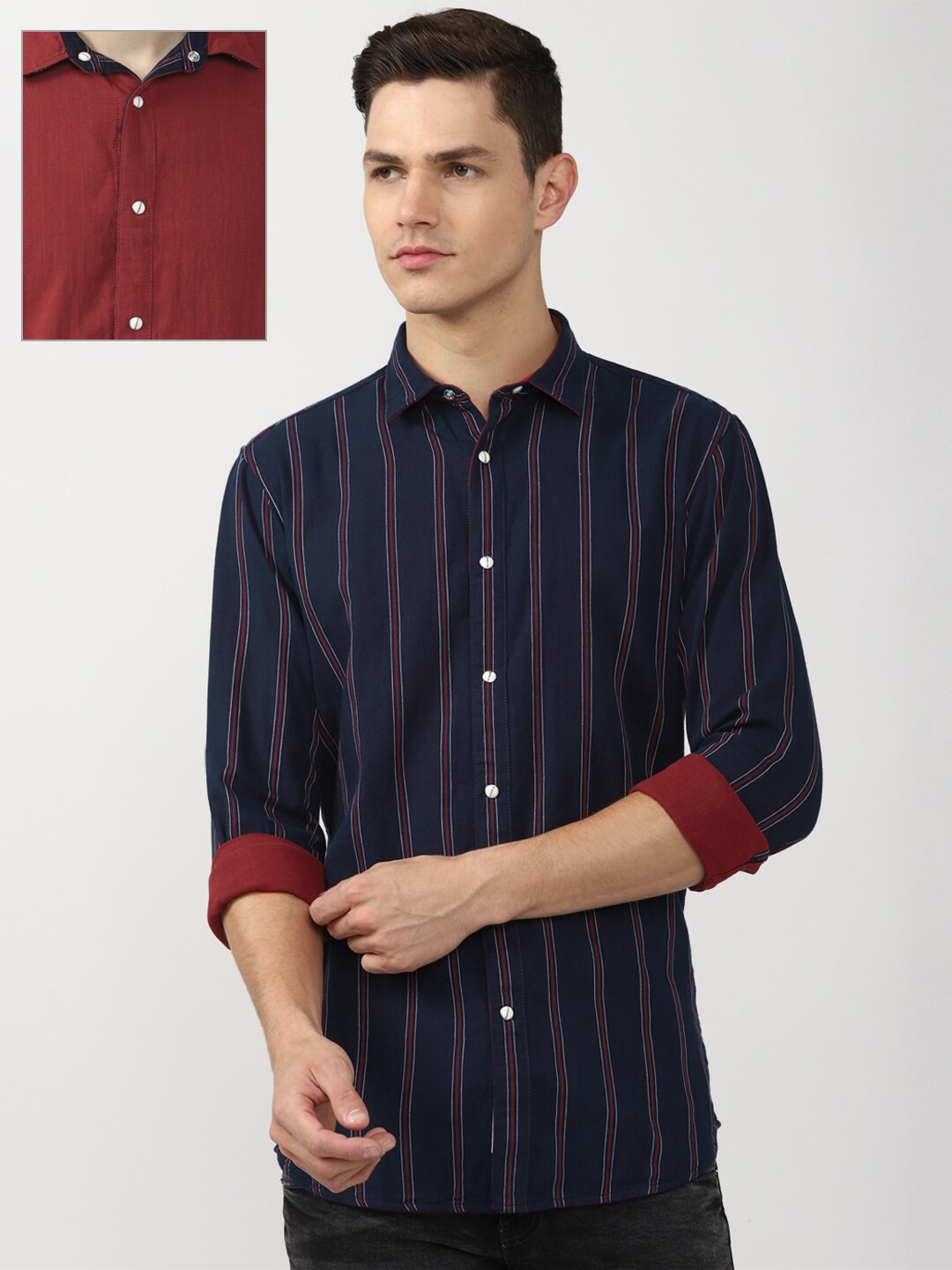 

VAN HEUSEN DENIM LABS Men Navy Blue Slim Fit Striped Reversible Casual Shirt