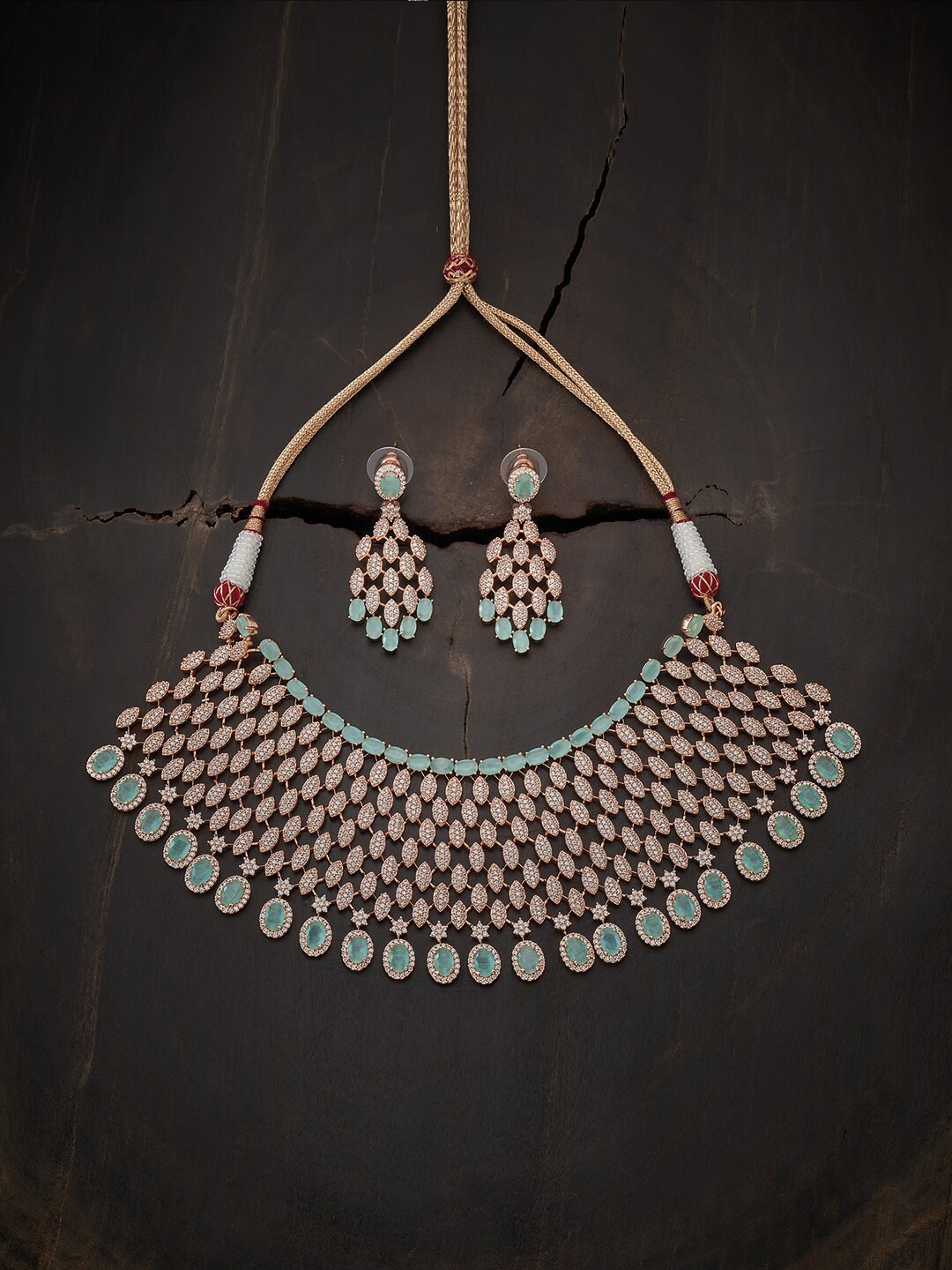 

Kushal's Fashion Jewellery Rose-Gold-Plated Green & White CZ-Studded Jewellery Set