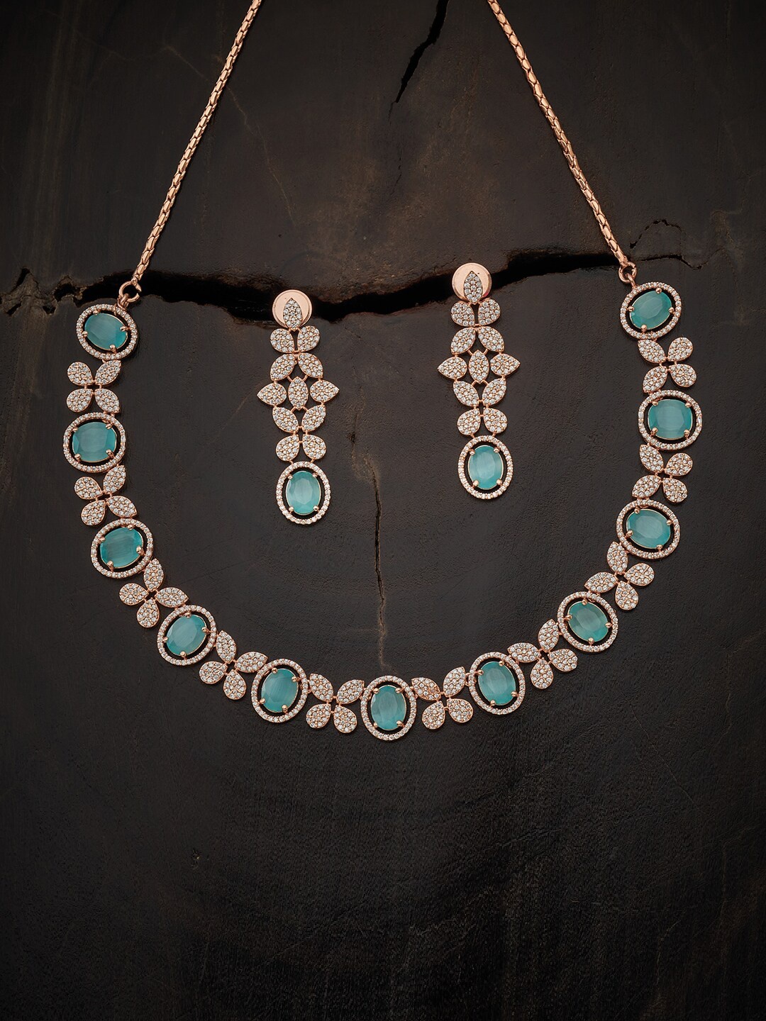 

Kushal's Fashion Jewellery Rose Gold-Plated Rose Gold-Toned Sea Green CZ Studded Jewellery Set