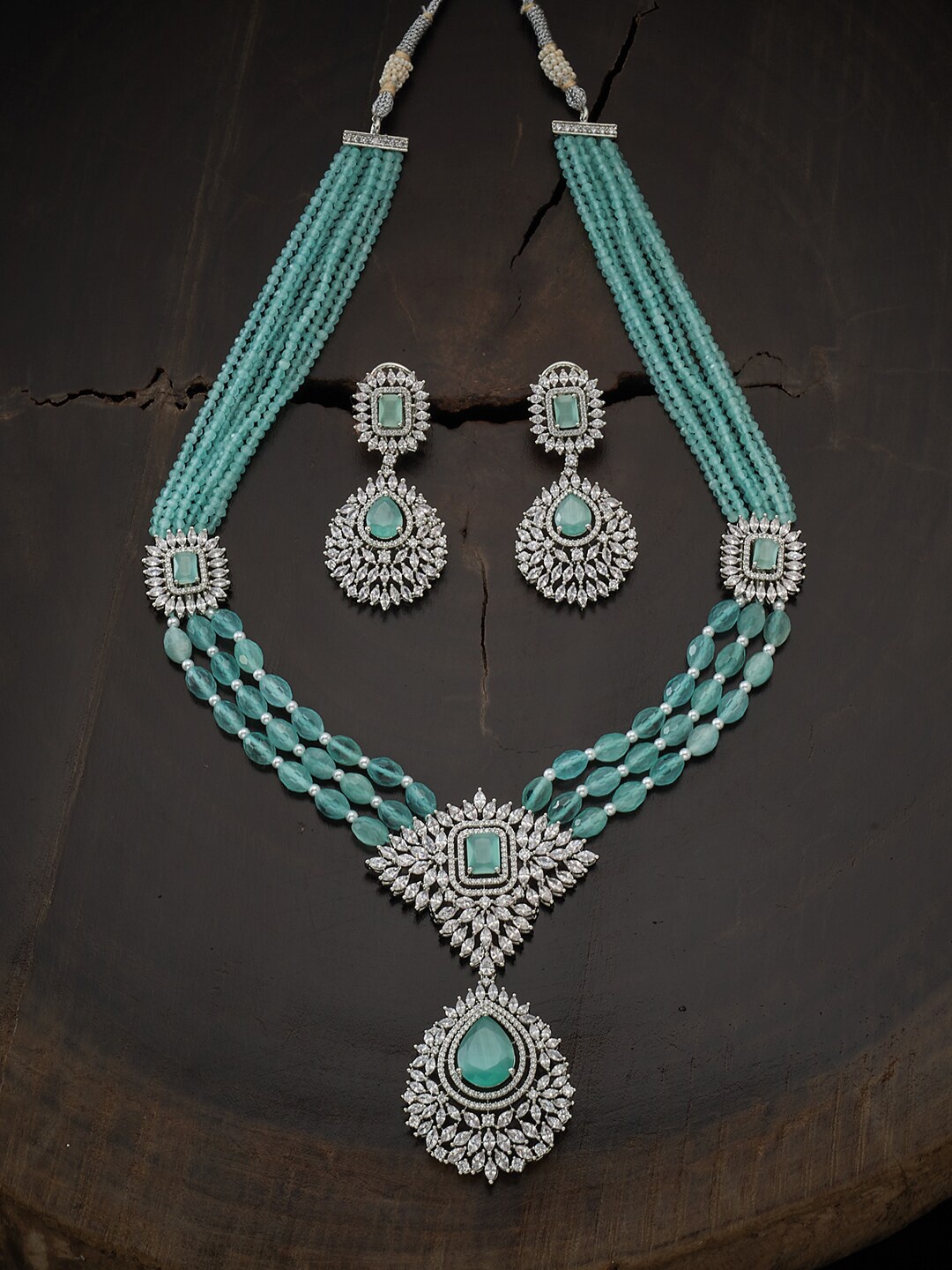 

Kushal's Fashion Jewellery Rhodium-Plated Sea Green Coloured & White CZ Studded Jewellery Set, Silver