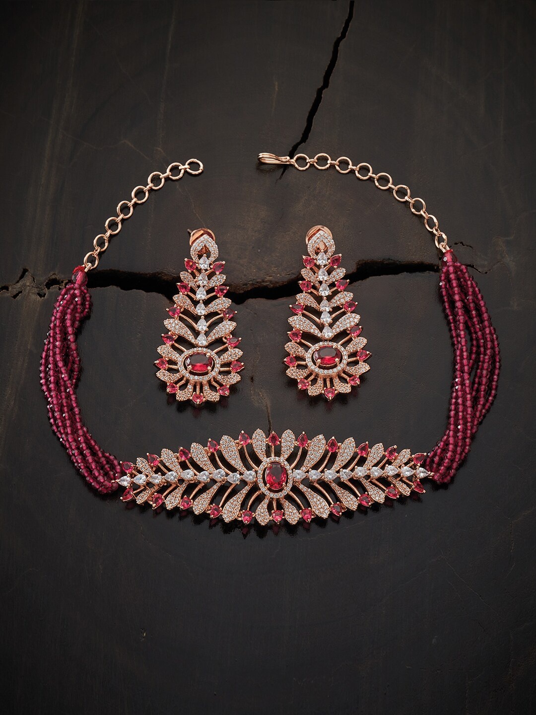

Kushal's Fashion Jewellery Rose Gold-Plated White CZ-Studded & Pearl Choker Jewellery Set