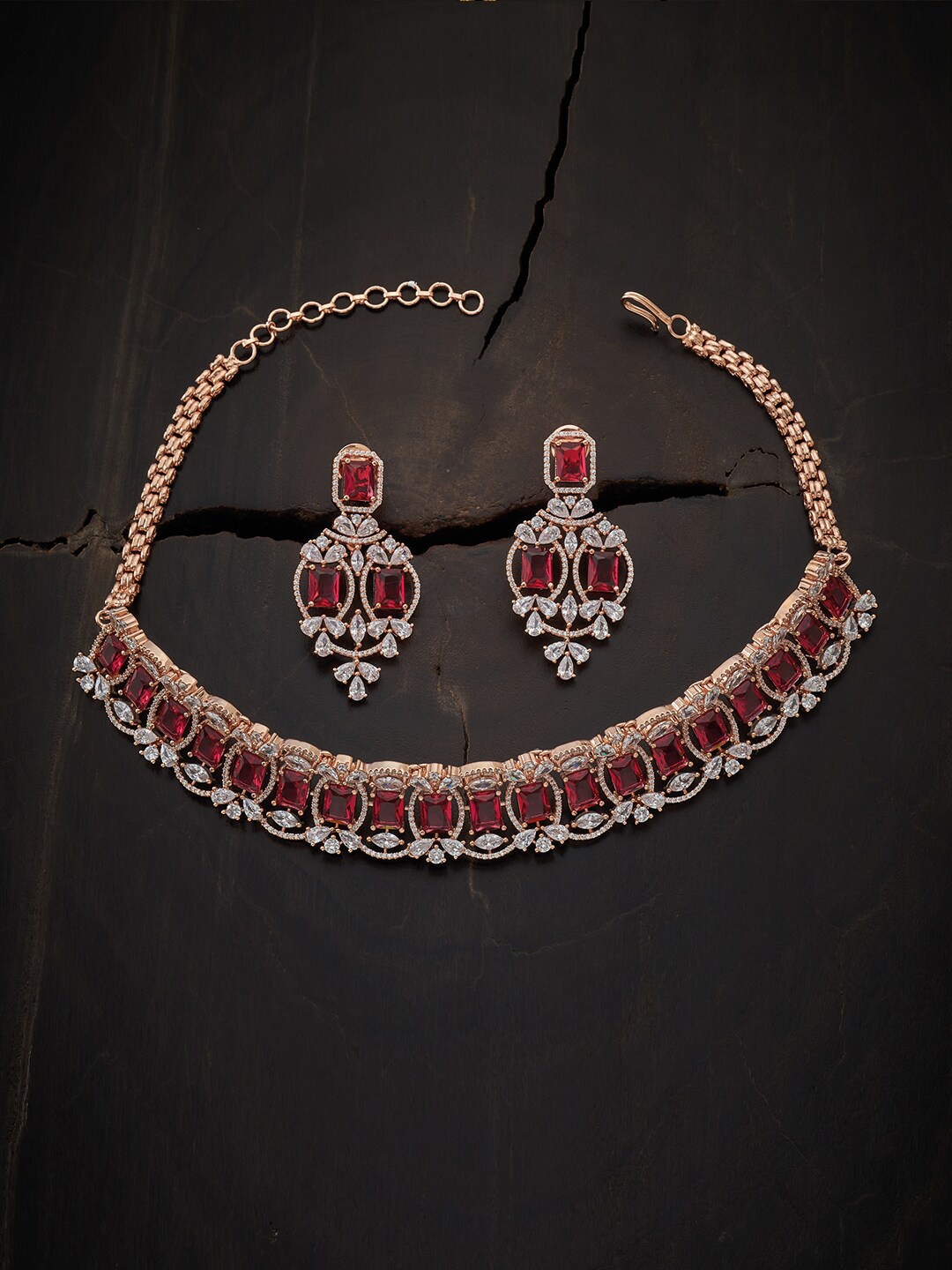 

Kushal's Fashion Jewellery Rose Gold-Plated Red & White CZ Studded Jewellery Set