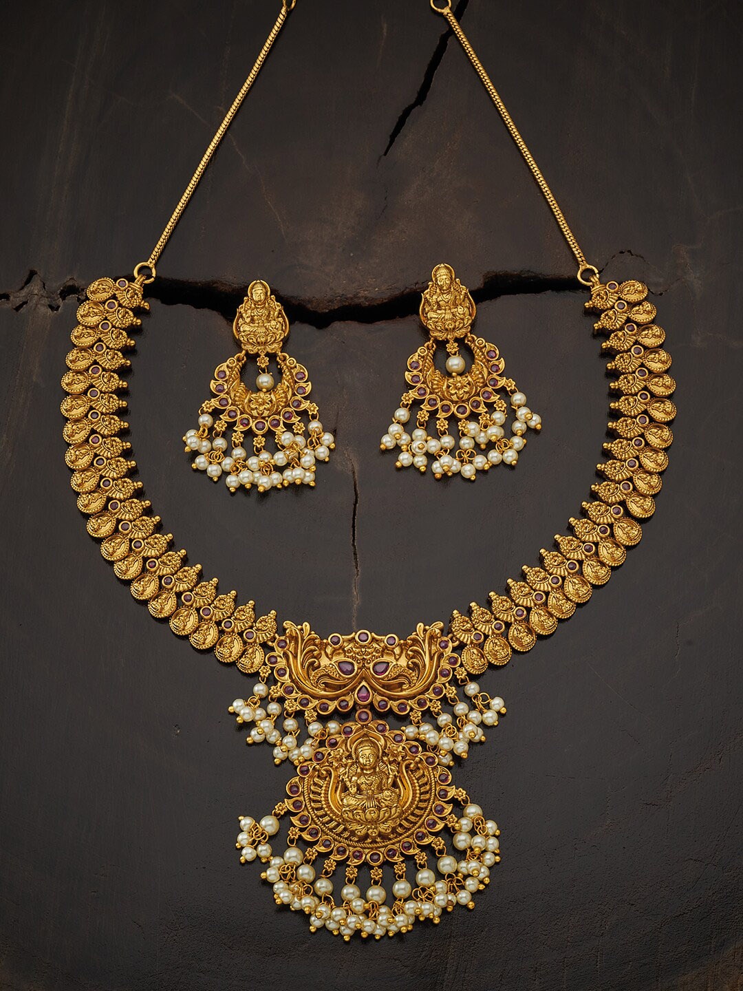 

Kushal's Fashion Jewellery Gold-Toned White & Pink Stone Studded & Beaded Antique Jewellery Set