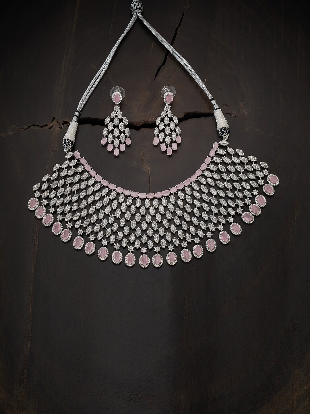 

Kushal's Fashion Jewellery Rhodium-Plated Pink CZ-Studded Jewellery Set