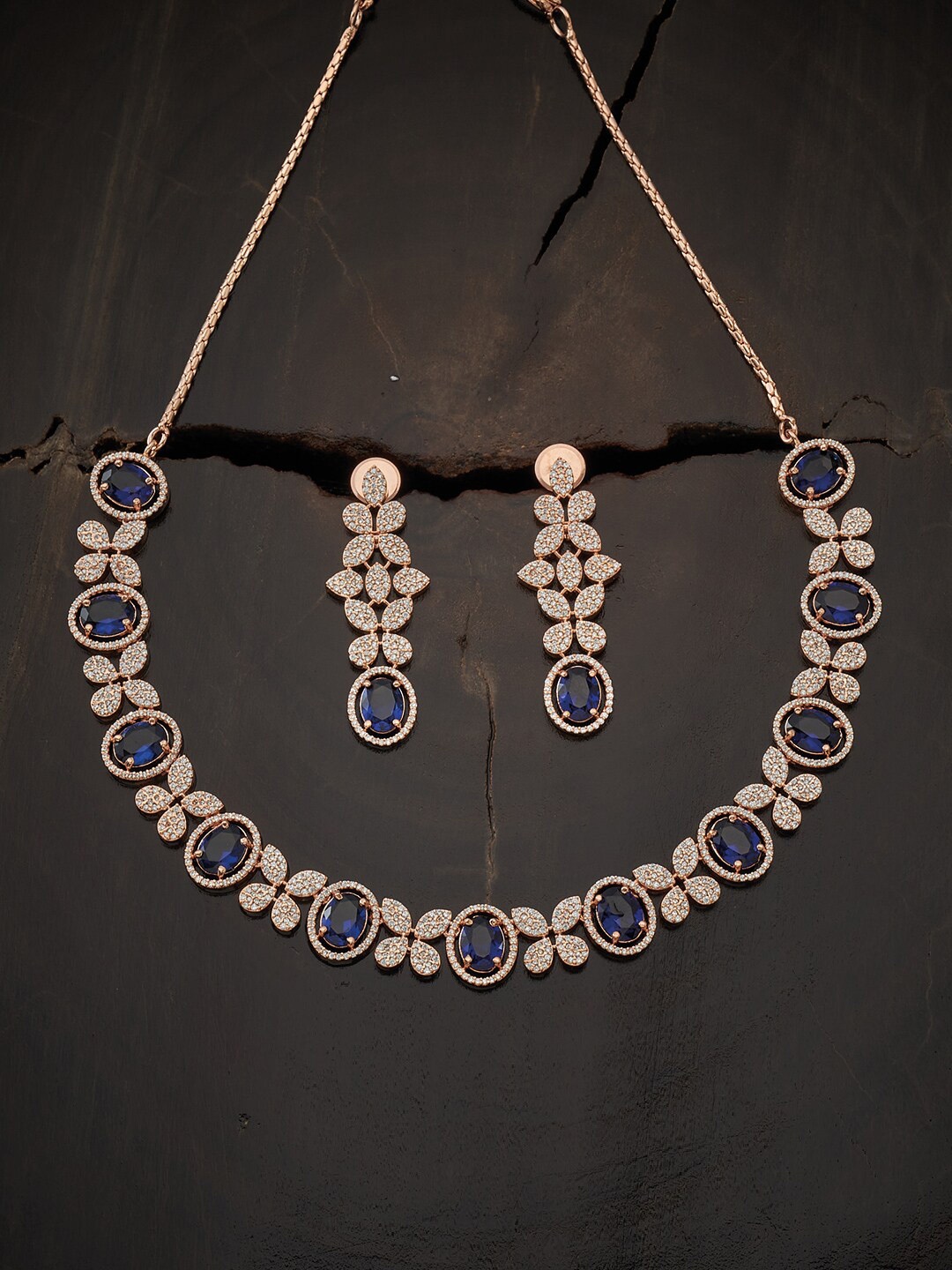 

Kushal's Fashion Jewellery Rose Gold-Plated Blue & White CZ Studded Jewellery Set