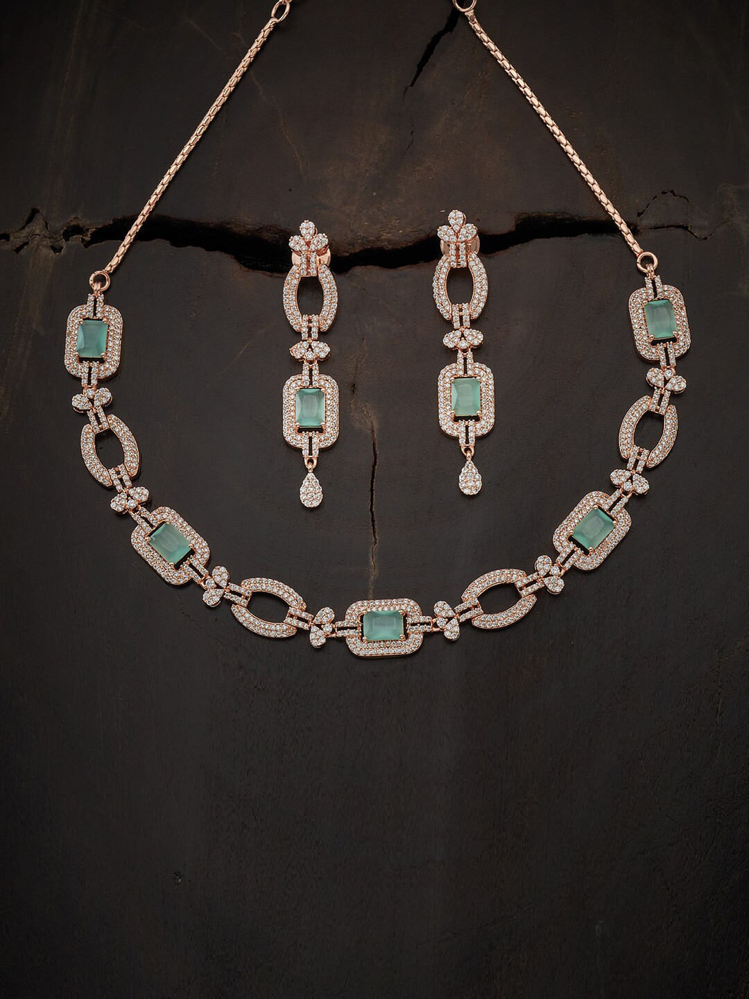 

Kushal's Fashion Jewellery Rose Gold-Plated White & Sea Green CZ Studded Jewellery Set