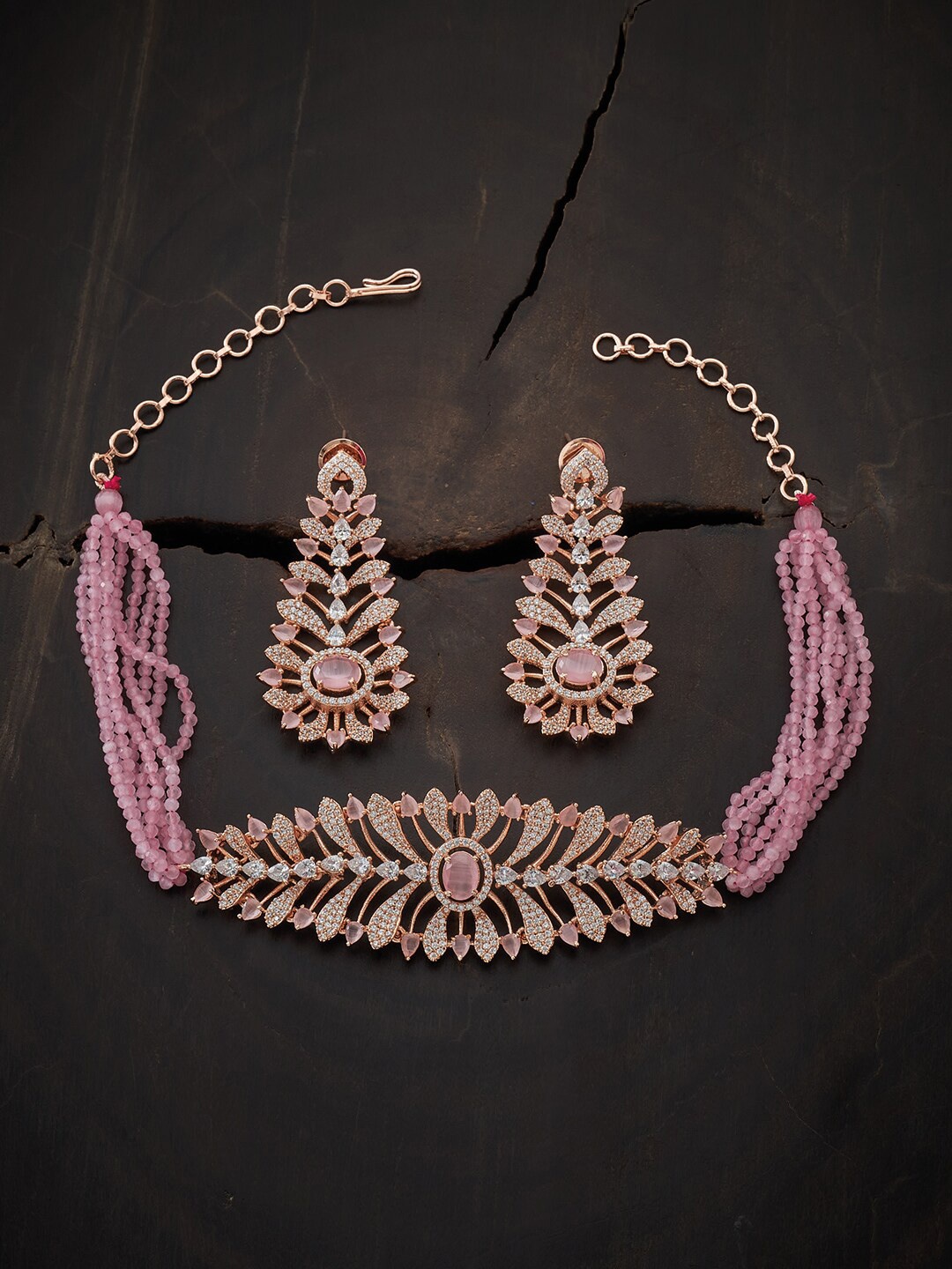 

Kushal's Fashion Jewellery Rose Gold-Plated Pink CZ Stone Studded Choker Jewellery Set