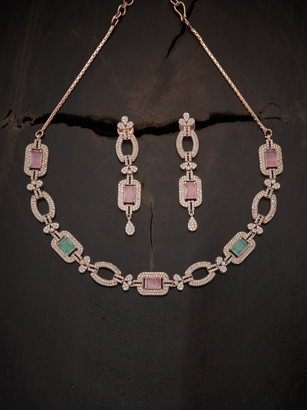 

Kushal's Fashion Jewellery Rose Gold-Plated Pink & Green Handcrafted CZ Studded Jewellery Set