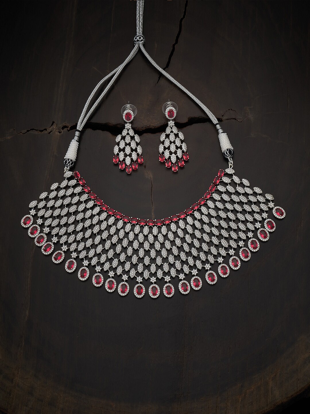 

Kushal's Fashion Jewellery Rhodium-Plated Red CZ-Studded Jewellery Set