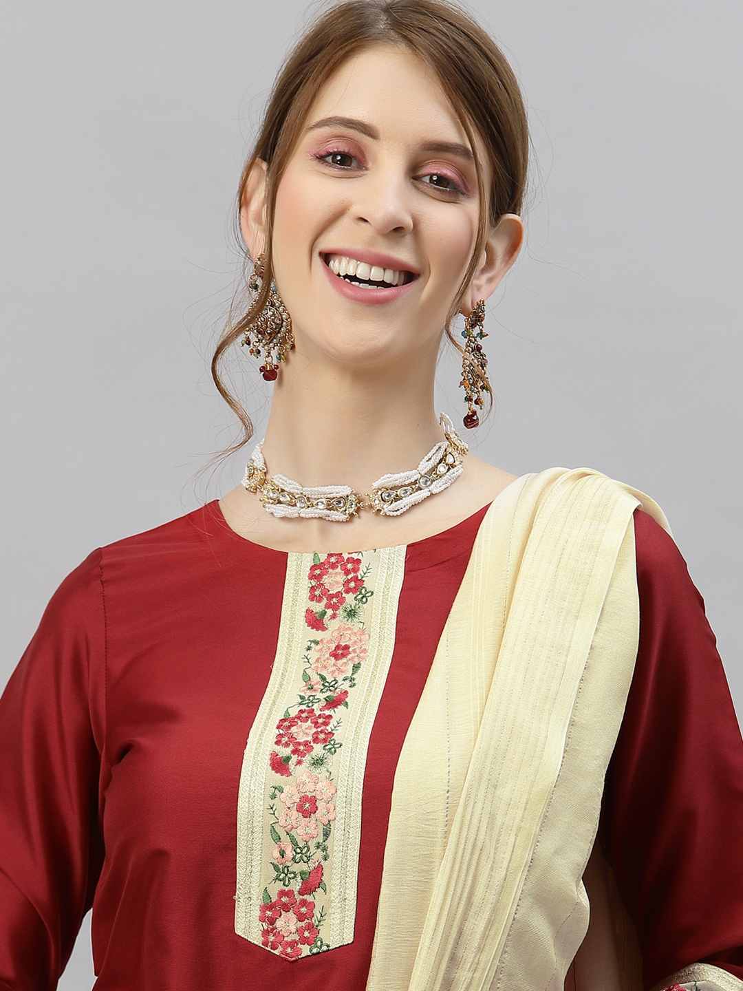 

SKYLEE Women Maroon & Cream Floral Yoke Design Kurta with Trousers & Dupatta