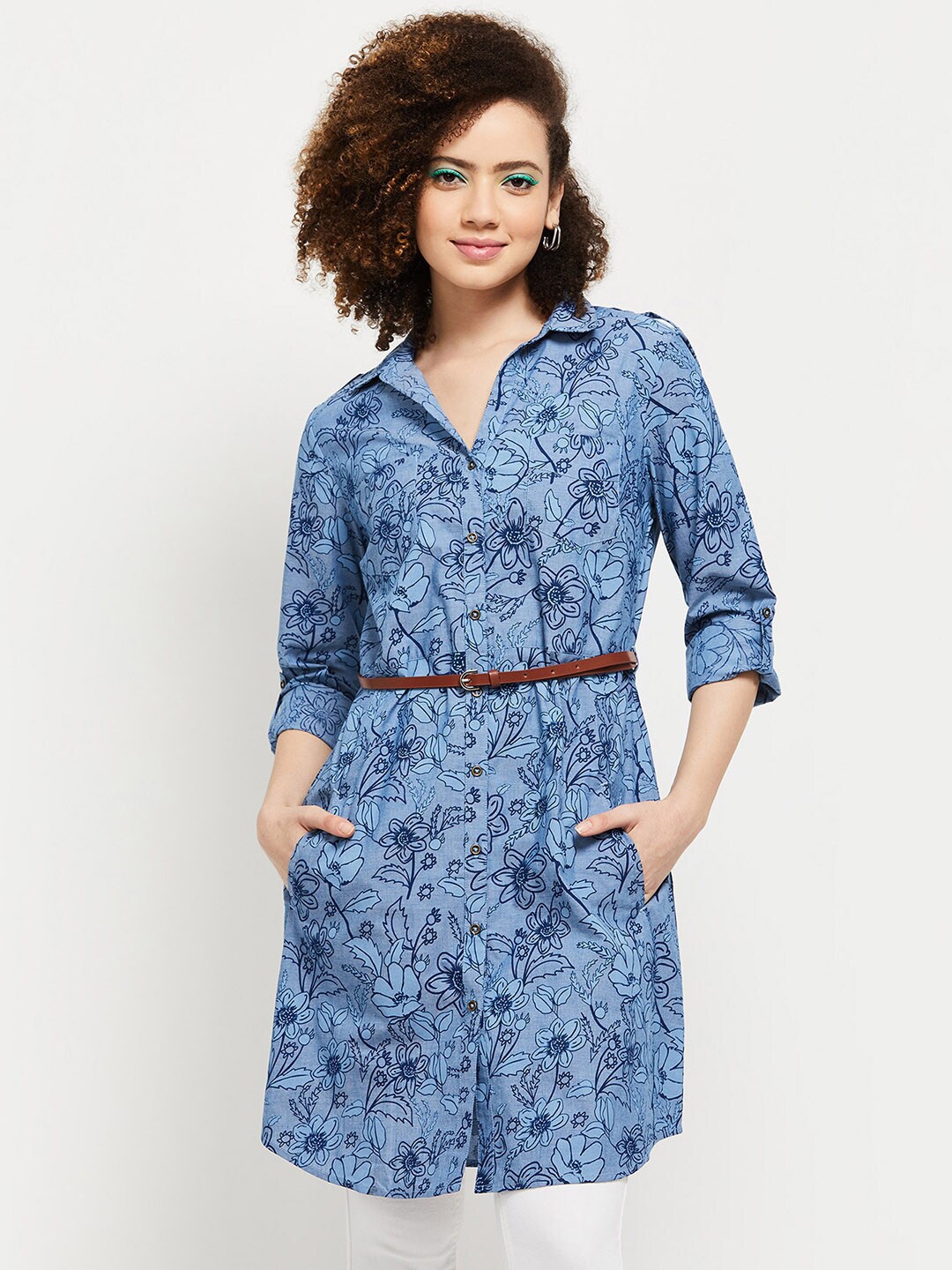 

max Blue Shirt Collar Printed Cotton Tunic