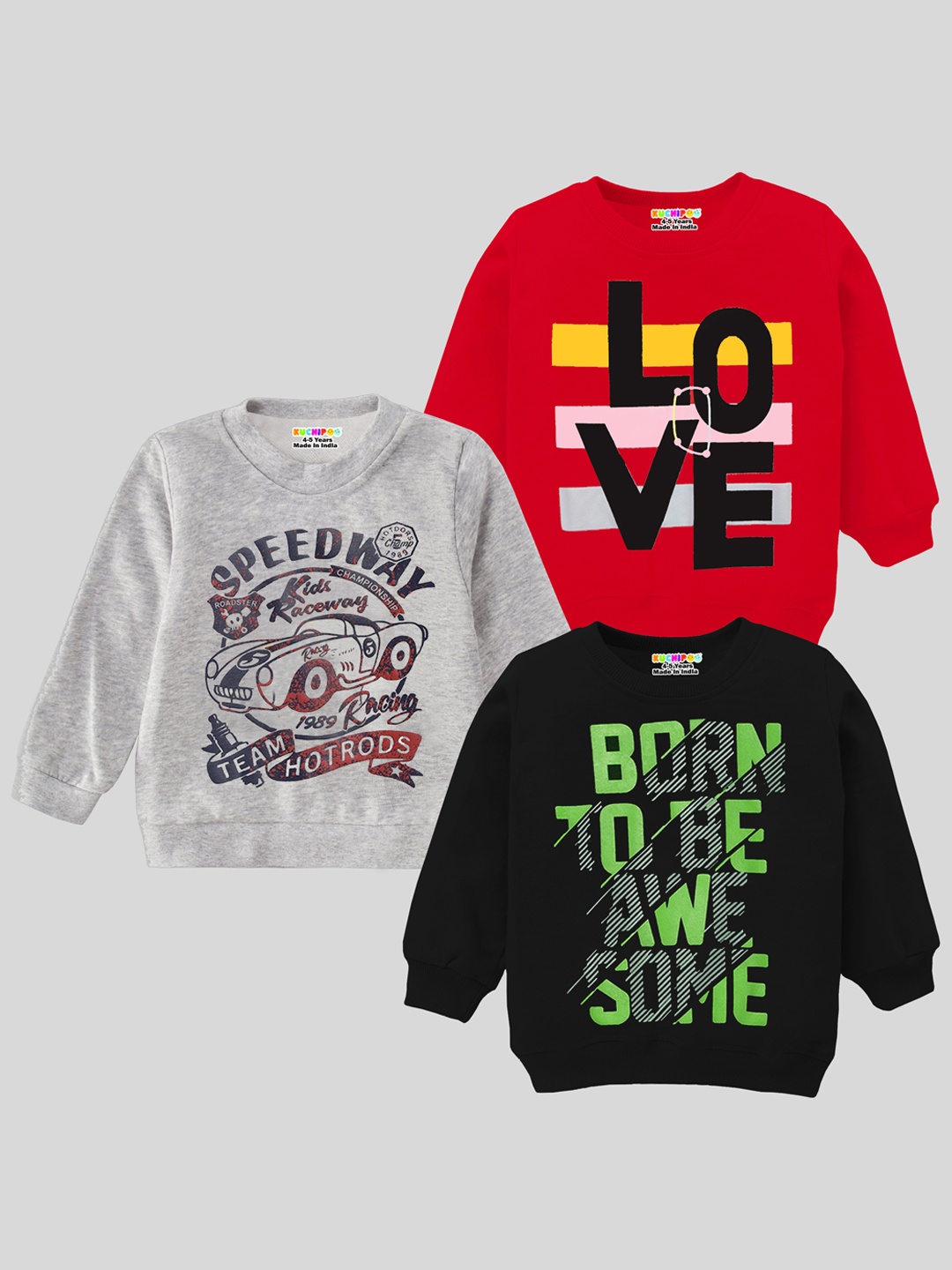 

KUCHIPOO Unisex Kids Set Of 3 Red & Black Printed Fleece Sweatshirt