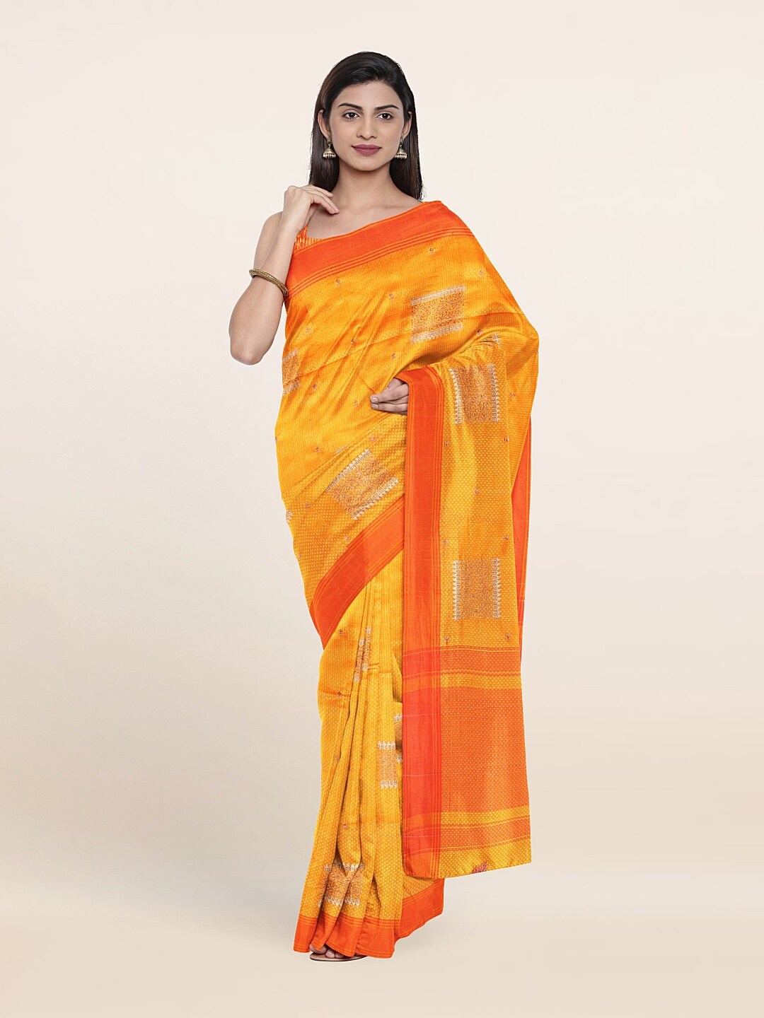 

Pothys Women Yellow & Orange Woven Design Art Silk Saree