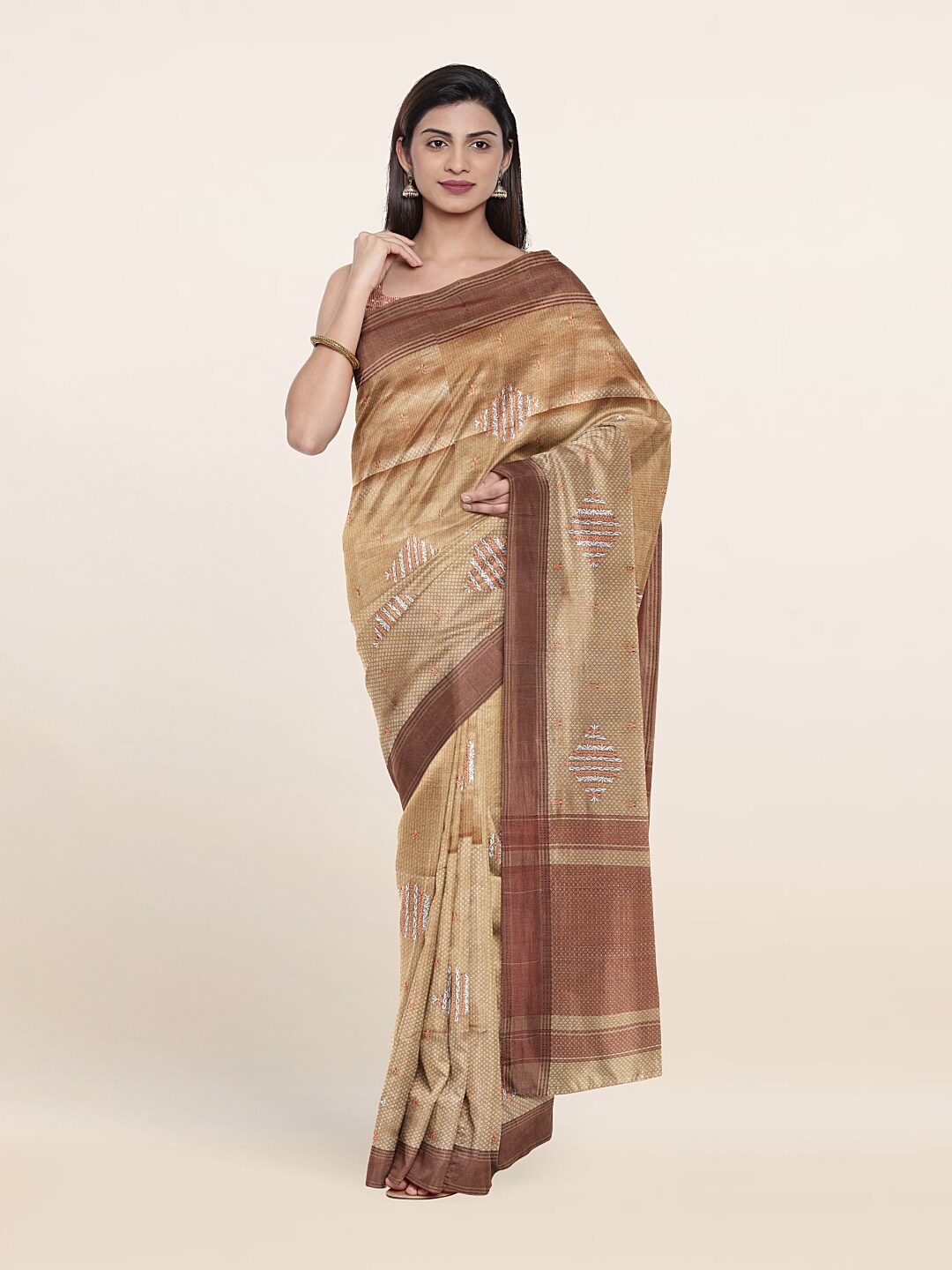 

Pothys Cream-Coloured & Brown Woven Design Art Silk Saree