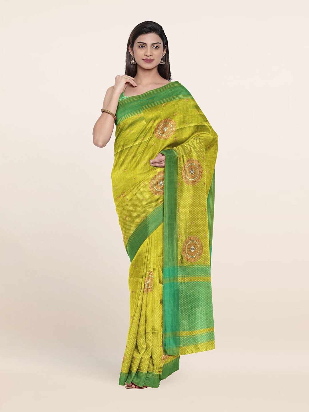 

Pothys Green & Silver-Toned Woven Design Pothys Art Dupion Art Silk Saree