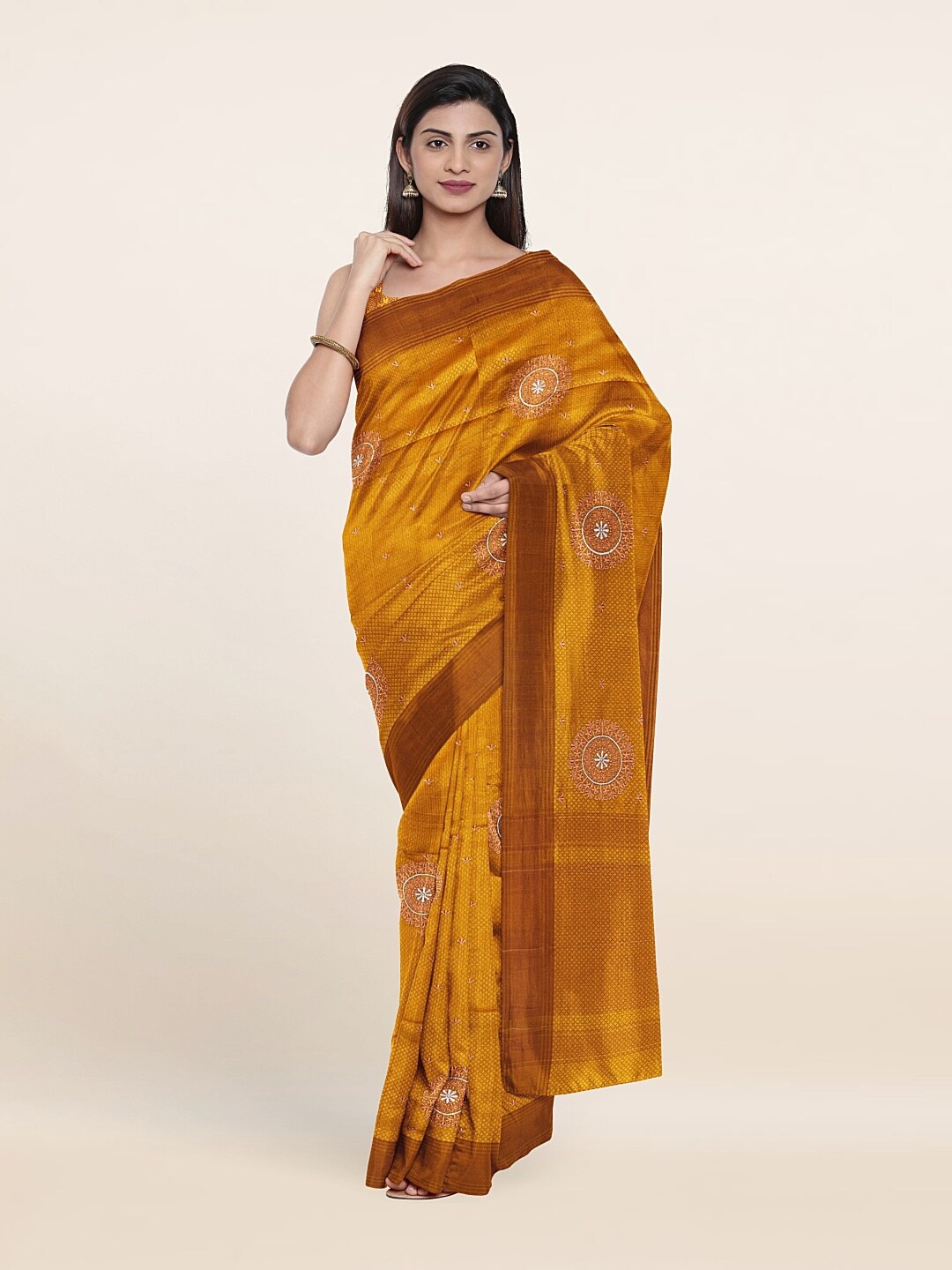 

Pothys Mustard & Silver-Toned Woven Design Art Silk Saree