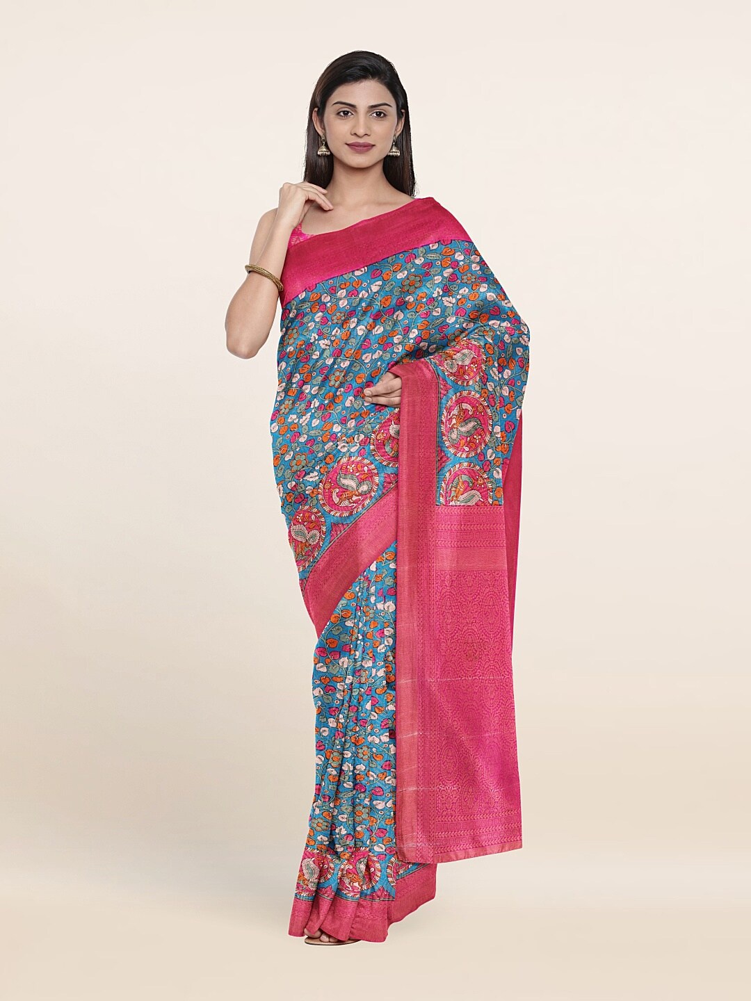 

Pothys Blue & Pink Floral Art Silk Saree