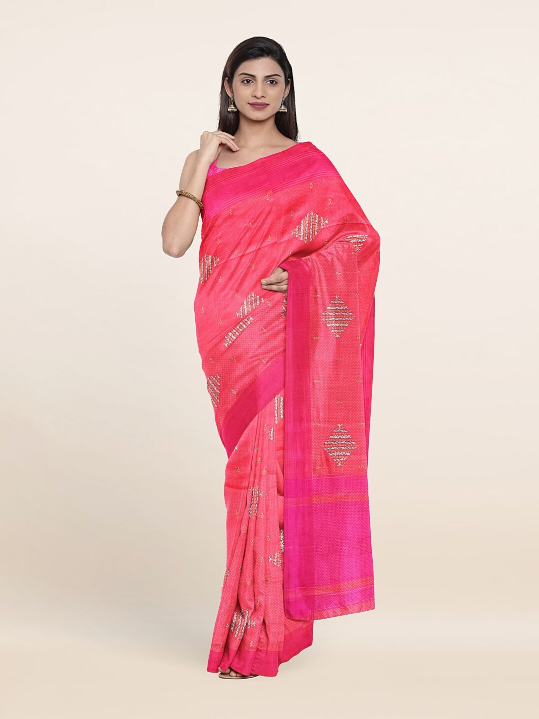 

Pothys Pink & Silver-Toned Woven Design Art Silk Saree