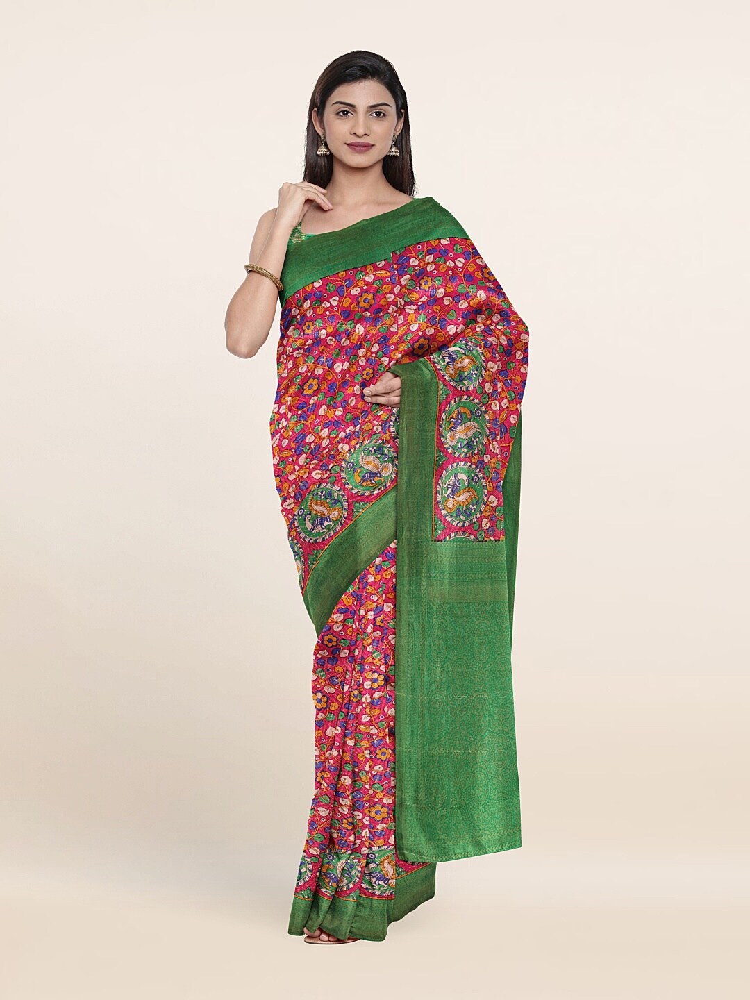 

Pothys Pink & Green Floral Zari Art Silk Saree