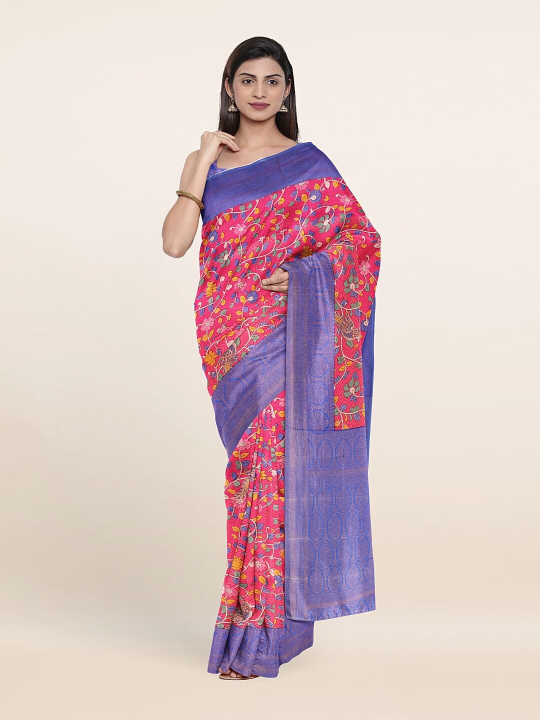 

Pothys Pink & Blue Kalamkari Zari Art Silk Saree