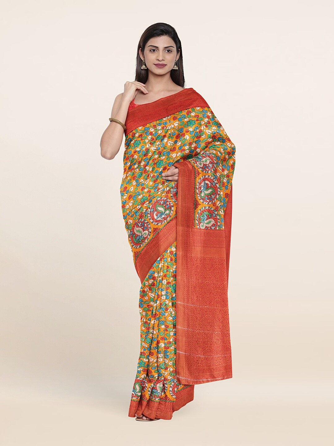 

Pothys Women Mustard & Green Floral Printed Zari Art Silk Saree
