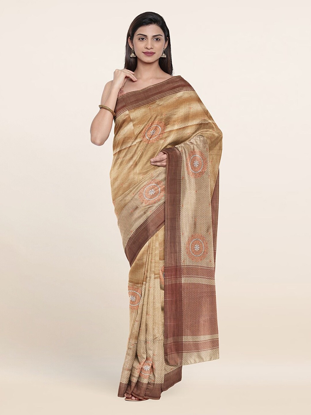 

Pothys Women Cream-Coloured & Brown Woven Design Art Silk Saree