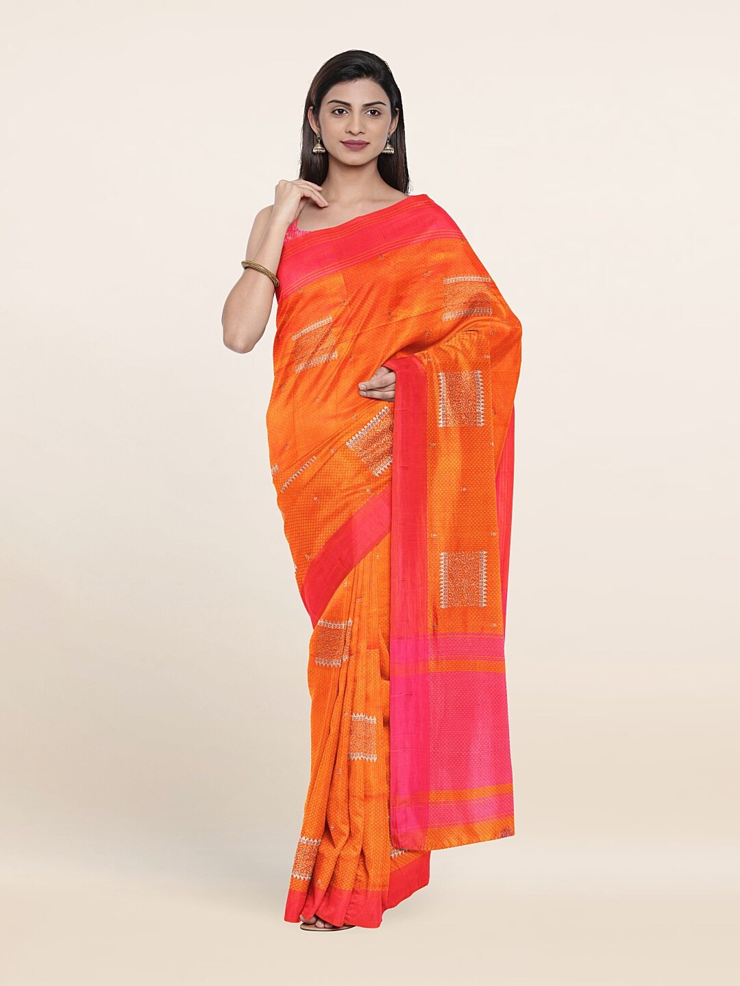 

Pothys Orange & Pink Woven Design Pothys Art Dupion Zari Art Silk Saree