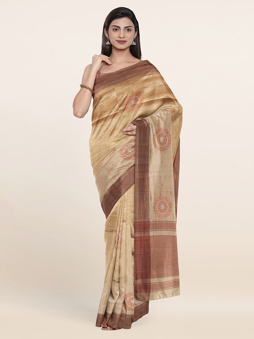 

Pothys Cream-Coloured & Copper-Toned Woven Design Art Silk Saree